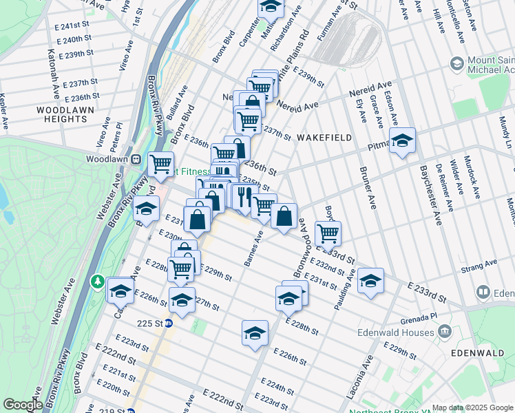 map of restaurants, bars, coffee shops, grocery stores, and more near 749 East 233rd Street in Bronx