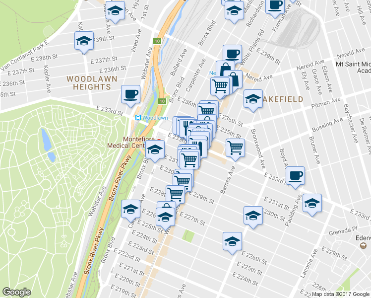 map of restaurants, bars, coffee shops, grocery stores, and more near 678 East 232nd Street in The Bronx