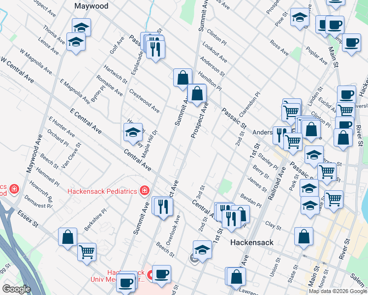 map of restaurants, bars, coffee shops, grocery stores, and more near 307 Prospect Avenue in Hackensack