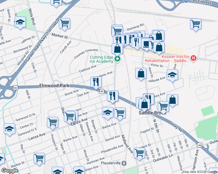 map of restaurants, bars, coffee shops, grocery stores, and more near 841 Midland Avenue in Garfield