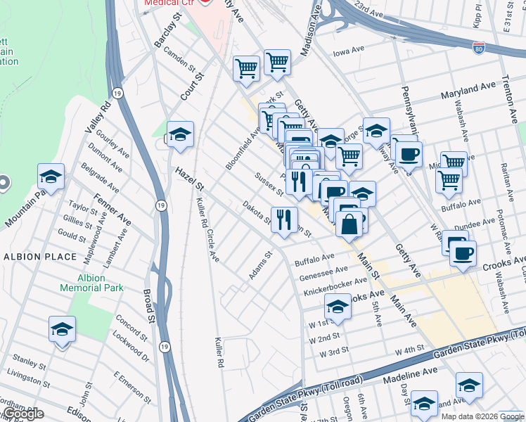 map of restaurants, bars, coffee shops, grocery stores, and more near 351 Dakota Street in Paterson