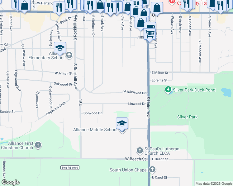 map of restaurants, bars, coffee shops, grocery stores, and more near 325 Maplewood Drive in Alliance