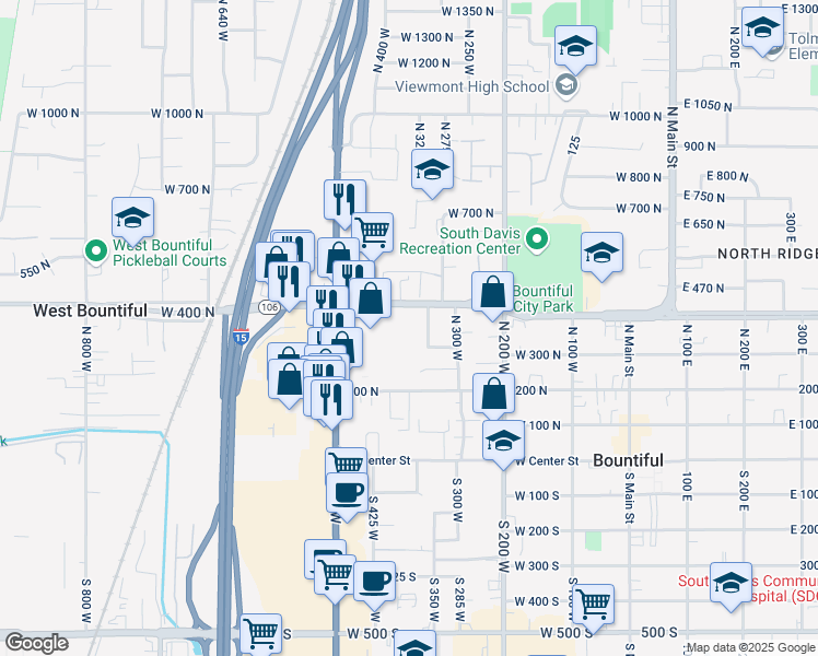 map of restaurants, bars, coffee shops, grocery stores, and more near 381 West 400 North in Bountiful