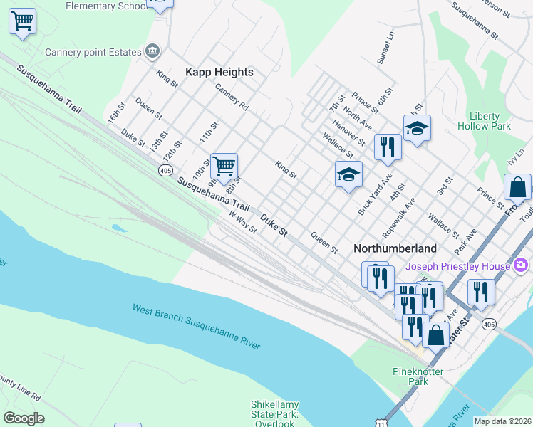map of restaurants, bars, coffee shops, grocery stores, and more near 600-648 Susquehanna Trail in Northumberland