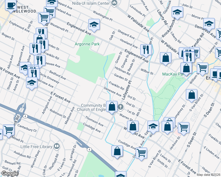 map of restaurants, bars, coffee shops, grocery stores, and more near 284 Genesee Avenue in Englewood