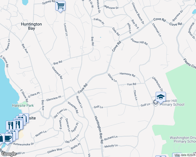 map of restaurants, bars, coffee shops, grocery stores, and more near 40 Cove Road in Huntington