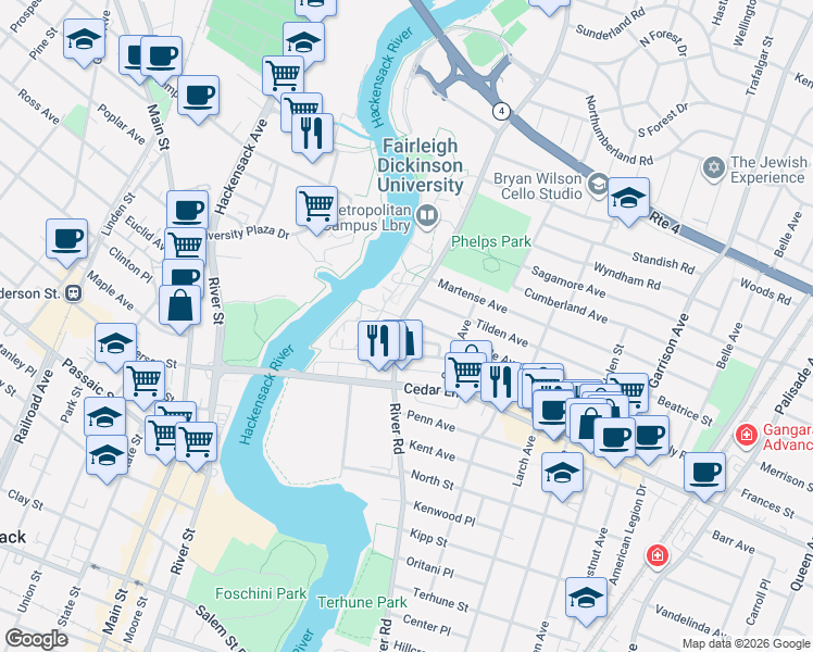 map of restaurants, bars, coffee shops, grocery stores, and more near 694 Sunset Road in Teaneck