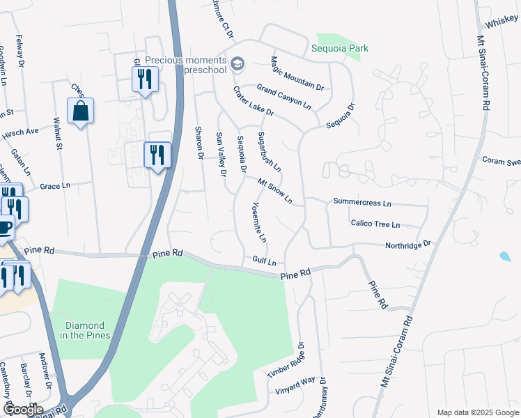 map of restaurants, bars, coffee shops, grocery stores, and more near 10 Tahoe Court in Coram