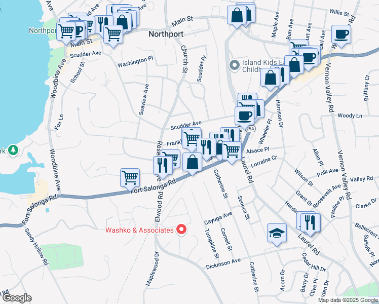 map of restaurants, bars, coffee shops, grocery stores, and more near 395 Fort Salonga Road in Northport