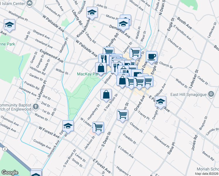 map of restaurants, bars, coffee shops, grocery stores, and more near 56 West Englewood Avenue in Englewood