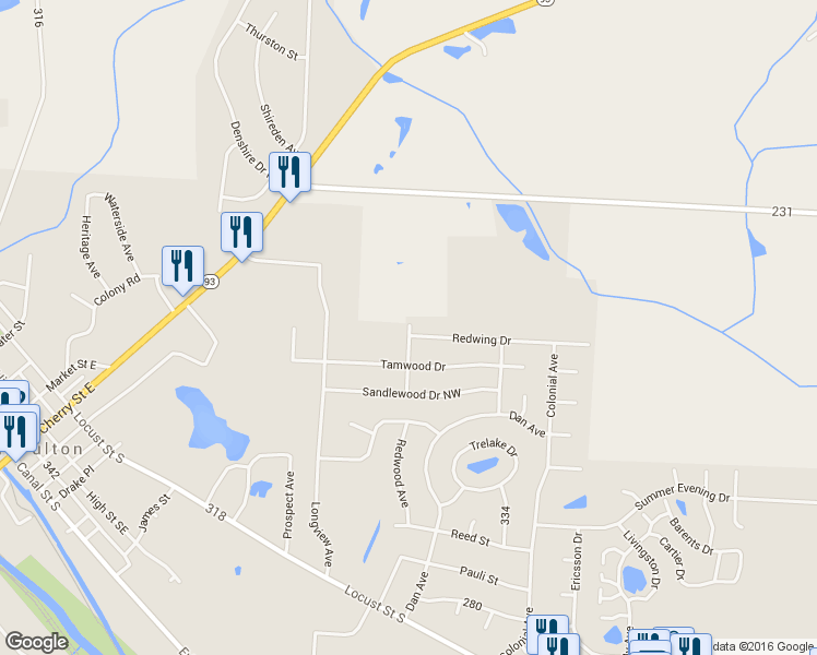 map of restaurants, bars, coffee shops, grocery stores, and more near 864 Basswood Avenue in Canal Fulton