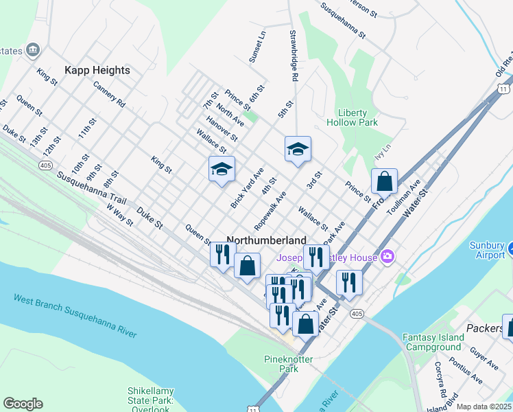 map of restaurants, bars, coffee shops, grocery stores, and more near 346 4th Street in Northumberland