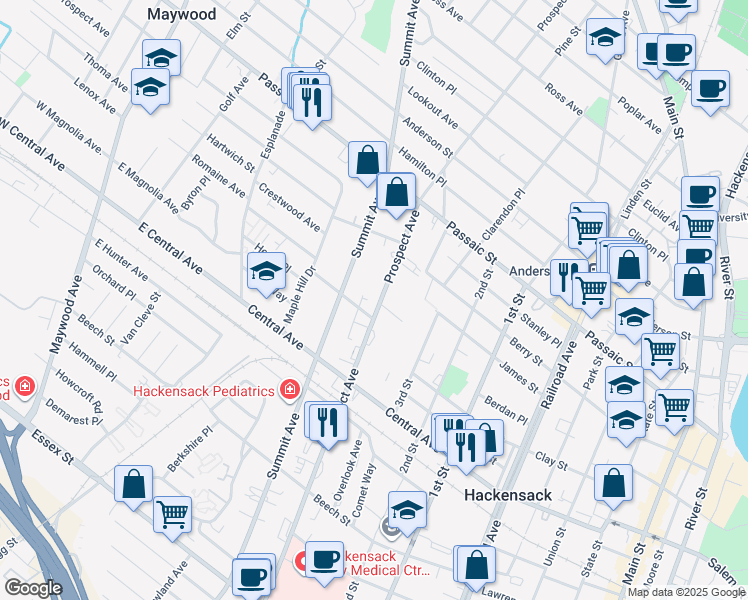 map of restaurants, bars, coffee shops, grocery stores, and more near 307 Prospect Avenue in Hackensack