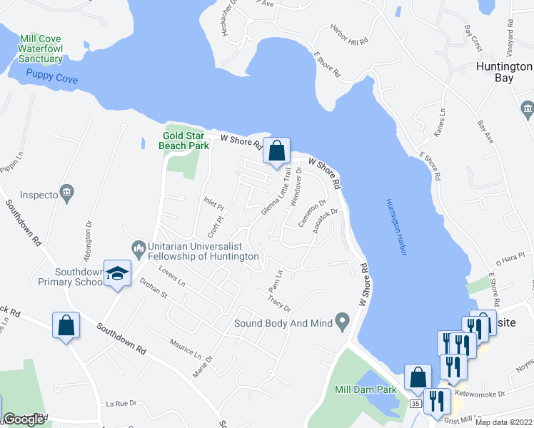 map of restaurants, bars, coffee shops, grocery stores, and more near 32 Glenna Little Trail in Huntington