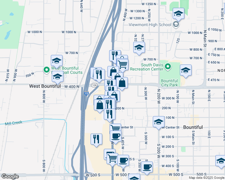 map of restaurants, bars, coffee shops, grocery stores, and more near 365 N 500 W in West Bountiful