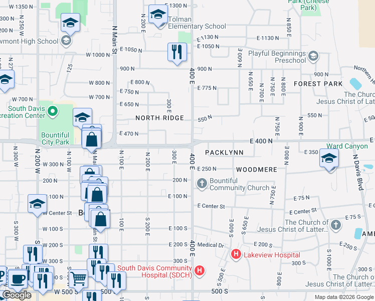 map of restaurants, bars, coffee shops, grocery stores, and more near 345 North 400 East in Bountiful