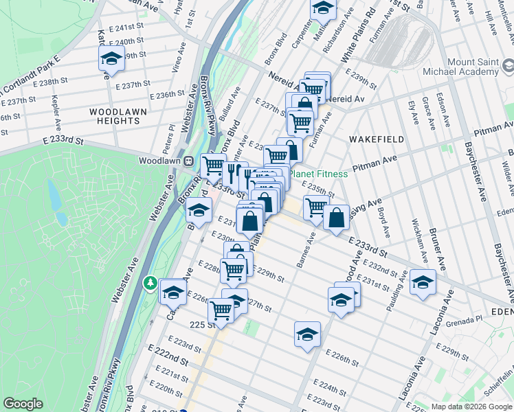 map of restaurants, bars, coffee shops, grocery stores, and more near 678 East 232nd Street in The Bronx