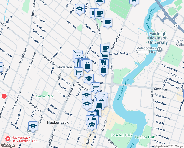 map of restaurants, bars, coffee shops, grocery stores, and more near 20 Pangborn Place in Hackensack