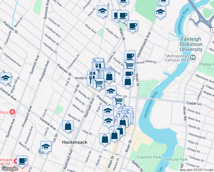 map of restaurants, bars, coffee shops, grocery stores, and more near 445 Park Street in Hackensack