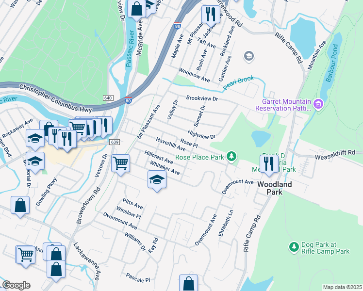 map of restaurants, bars, coffee shops, grocery stores, and more near 85 Haverhill Avenue in Woodland Park