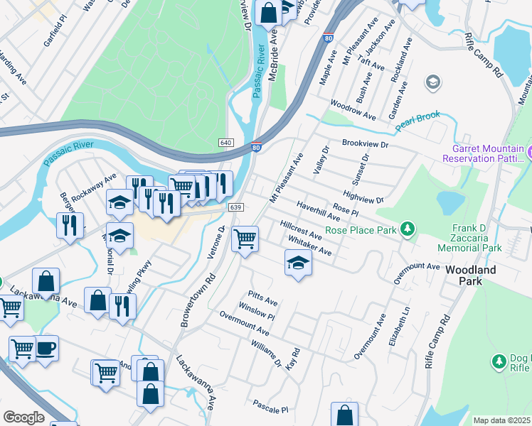 map of restaurants, bars, coffee shops, grocery stores, and more near 319 Mount Pleasant Avenue in Woodland Park