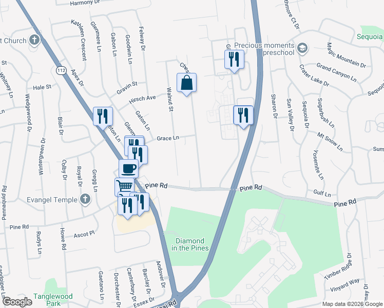 map of restaurants, bars, coffee shops, grocery stores, and more near 57 Chestnut Street in Coram
