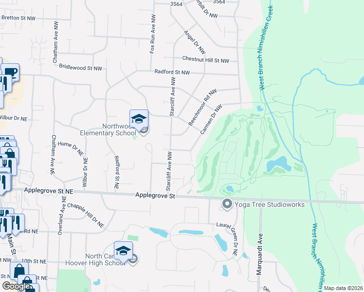 map of restaurants, bars, coffee shops, grocery stores, and more near 2400 Orchid Street Northwest in North Canton