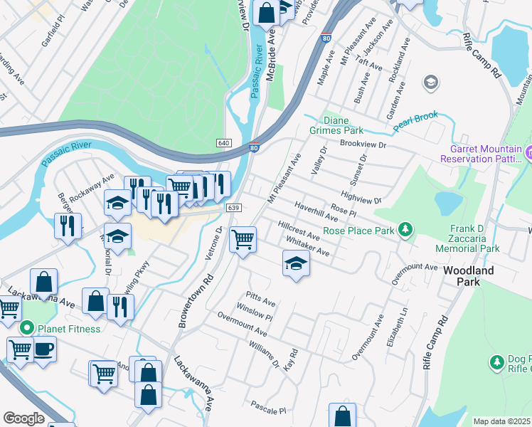 map of restaurants, bars, coffee shops, grocery stores, and more near 319 Mount Pleasant Avenue in Woodland Park