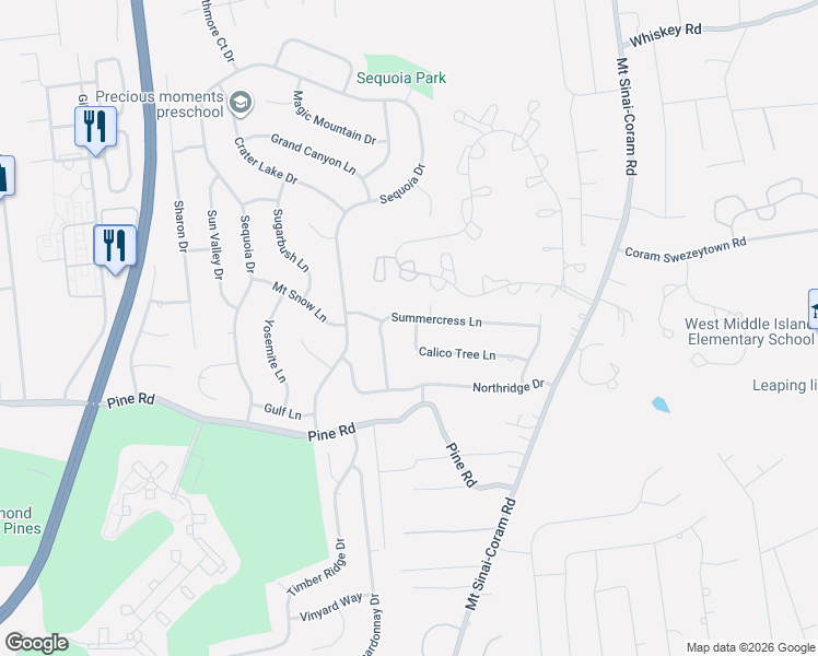 map of restaurants, bars, coffee shops, grocery stores, and more near 30 Calico Tree Lane in Coram