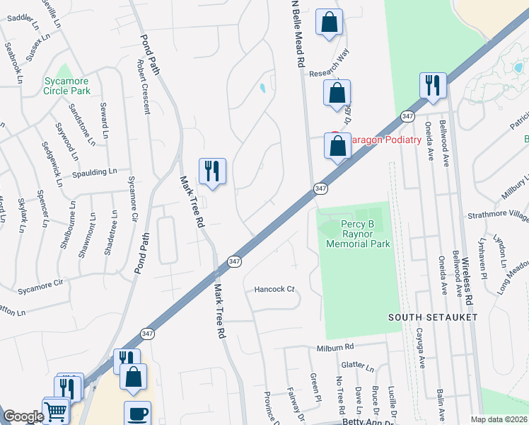 map of restaurants, bars, coffee shops, grocery stores, and more near 7 Stadium Boulevard in Setauket- East Setauket
