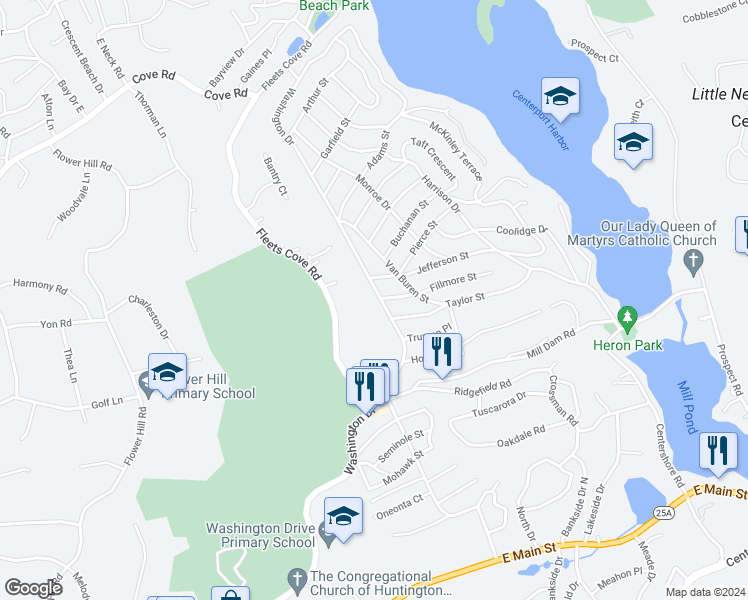 map of restaurants, bars, coffee shops, grocery stores, and more near 500 Washington Drive in Centerport