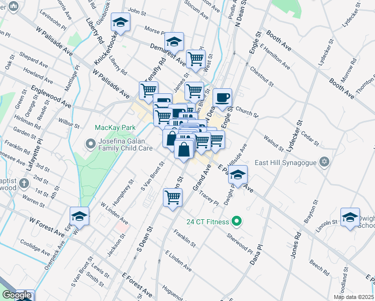 map of restaurants, bars, coffee shops, grocery stores, and more near 16 East Palisade Avenue in Englewood