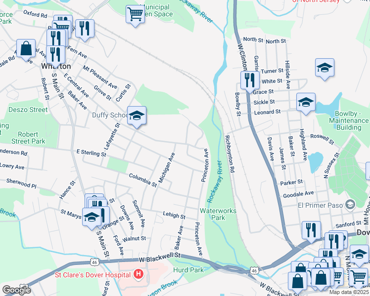 map of restaurants, bars, coffee shops, grocery stores, and more near 4 Michigan Avenue in Wharton