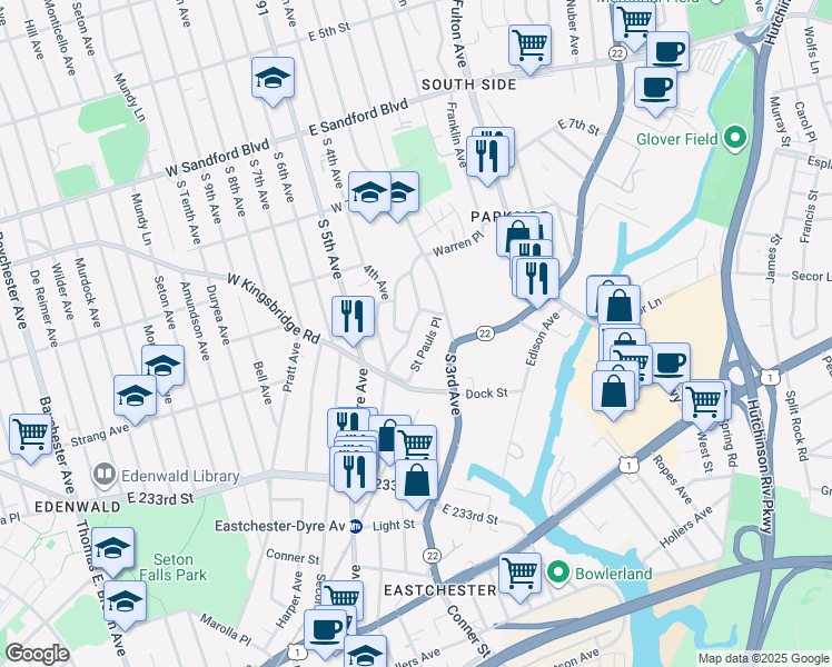 map of restaurants, bars, coffee shops, grocery stores, and more near 47 Washington Boulevard in Mount Vernon
