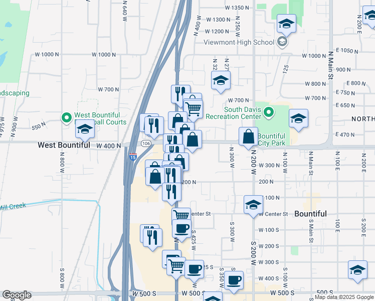 map of restaurants, bars, coffee shops, grocery stores, and more near 457 West 400 North in Bountiful