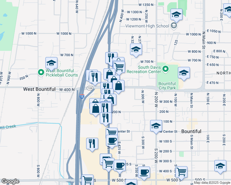 map of restaurants, bars, coffee shops, grocery stores, and more near 380 North 500 West in Bountiful