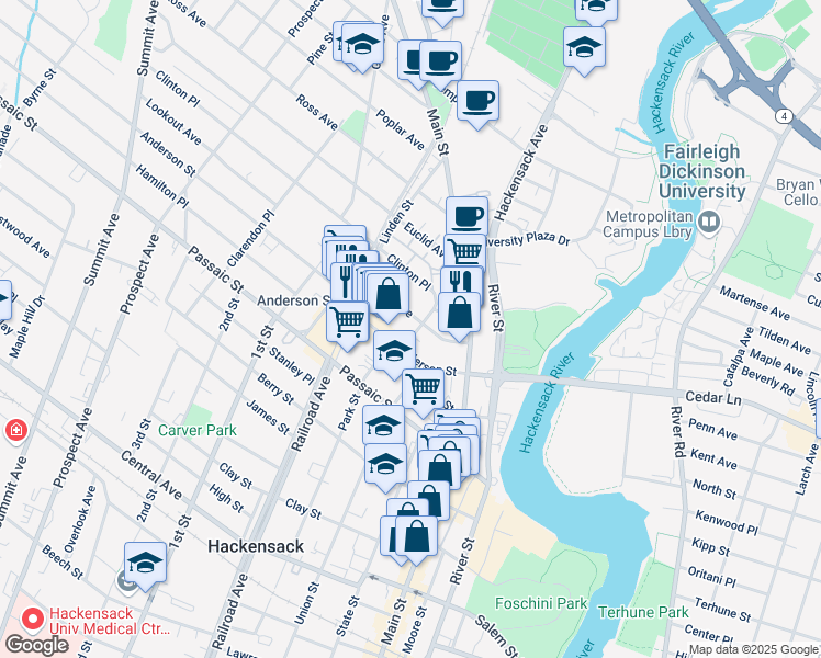 map of restaurants, bars, coffee shops, grocery stores, and more near 20 Pangborn Place in Hackensack
