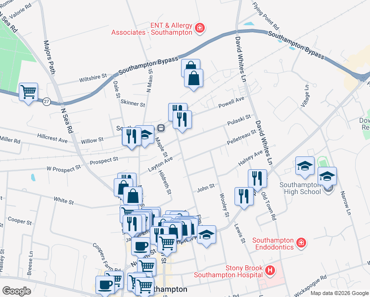 map of restaurants, bars, coffee shops, grocery stores, and more near 208 Elm Street in Southampton