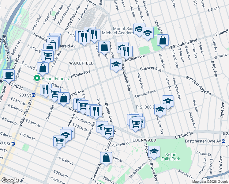 map of restaurants, bars, coffee shops, grocery stores, and more near in The Bronx