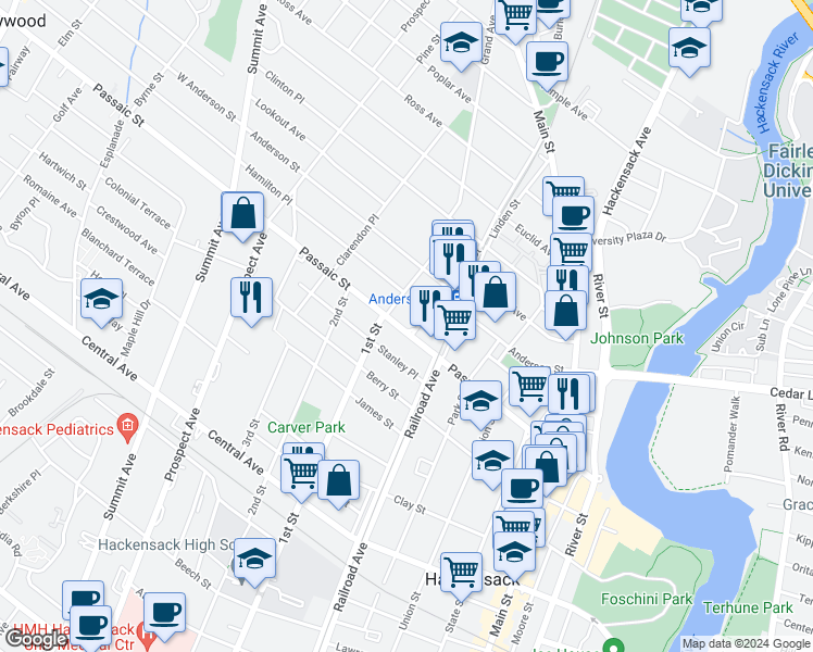 map of restaurants, bars, coffee shops, grocery stores, and more near 169 Passaic Street in Hackensack