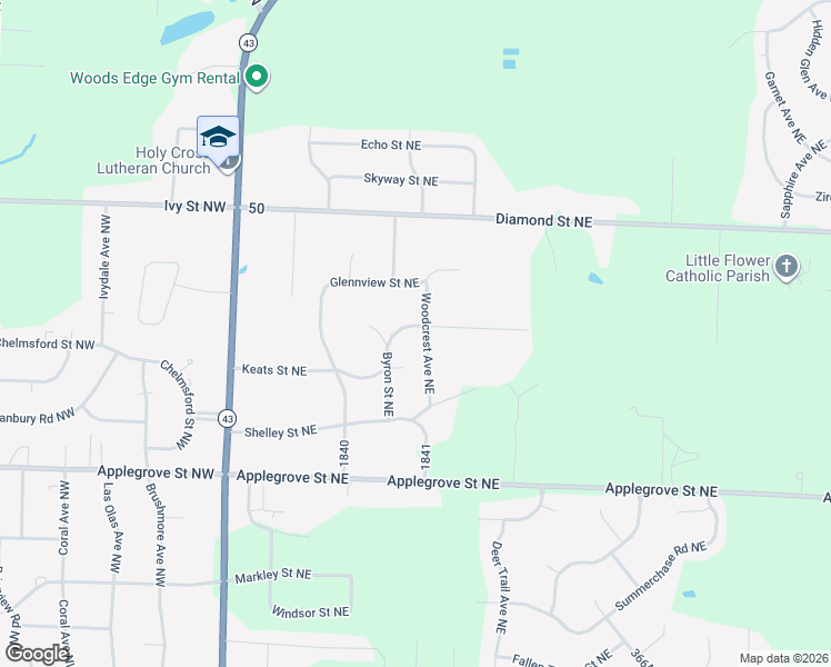 map of restaurants, bars, coffee shops, grocery stores, and more near 7454 Woodcrest Avenue Northeast in Canton
