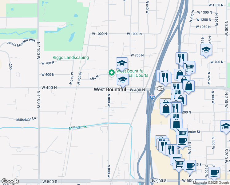 map of restaurants, bars, coffee shops, grocery stores, and more near 308 North 800 West in West Bountiful