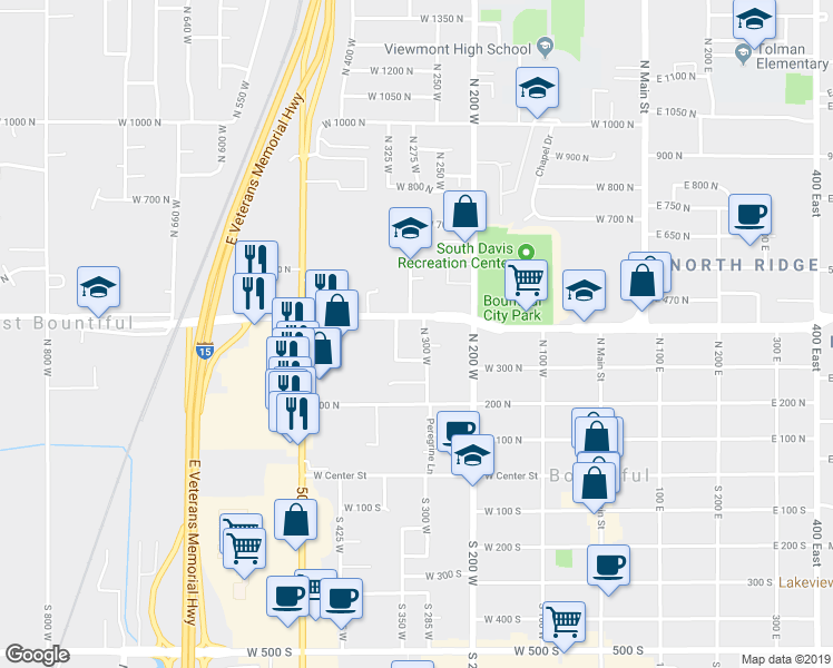 map of restaurants, bars, coffee shops, grocery stores, and more near 320 West 300 North in Bountiful