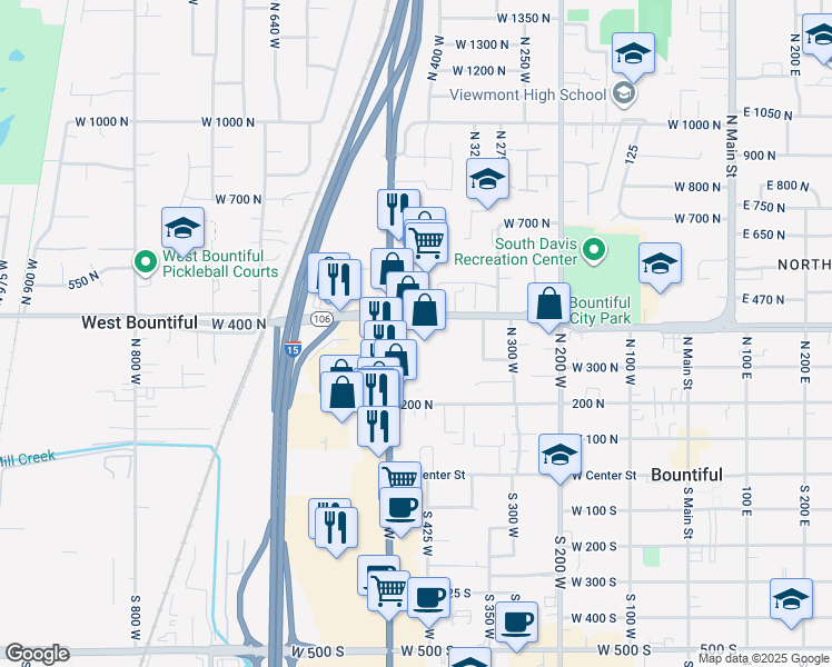 map of restaurants, bars, coffee shops, grocery stores, and more near 457 West 400 North in Bountiful