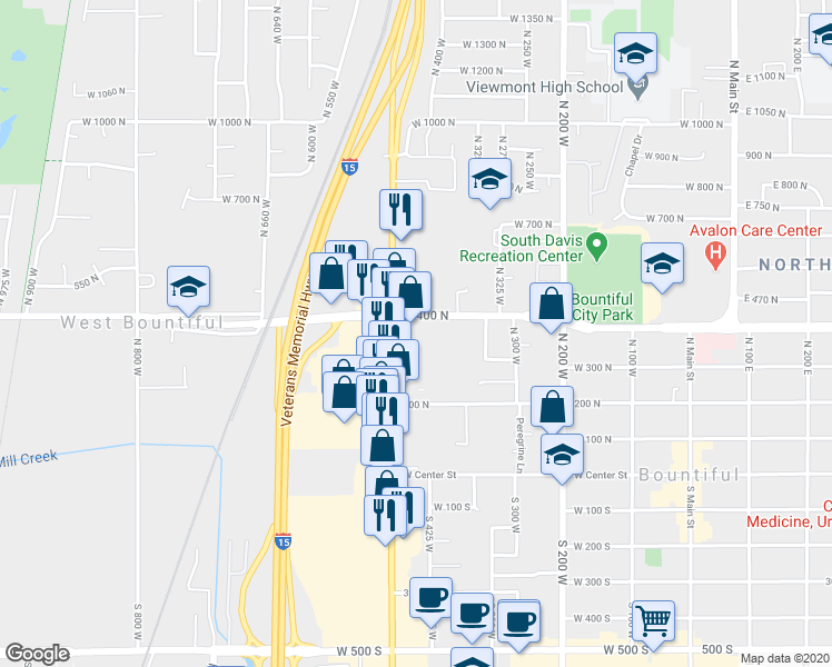 map of restaurants, bars, coffee shops, grocery stores, and more near 457 West 400 North in Bountiful