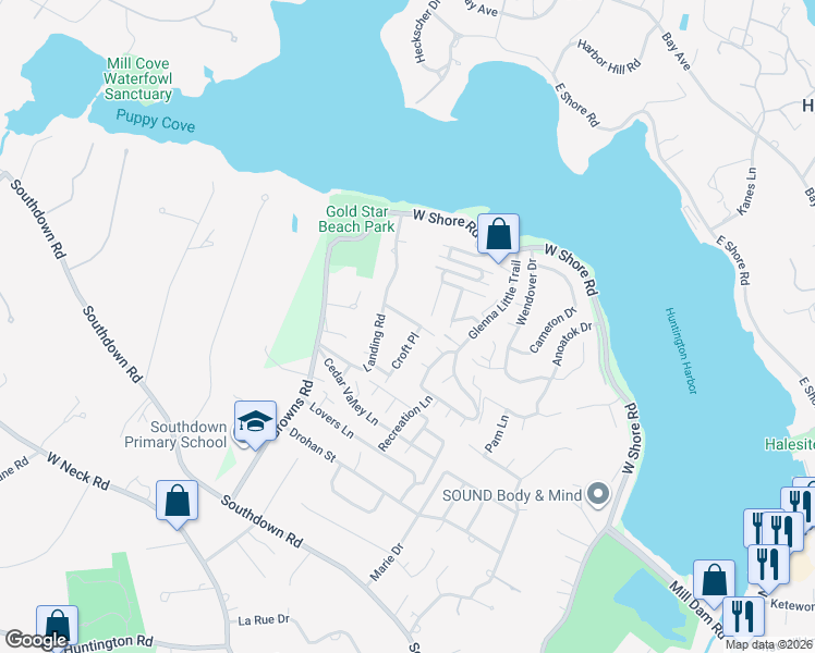 map of restaurants, bars, coffee shops, grocery stores, and more near 11 Croft Place in Huntington