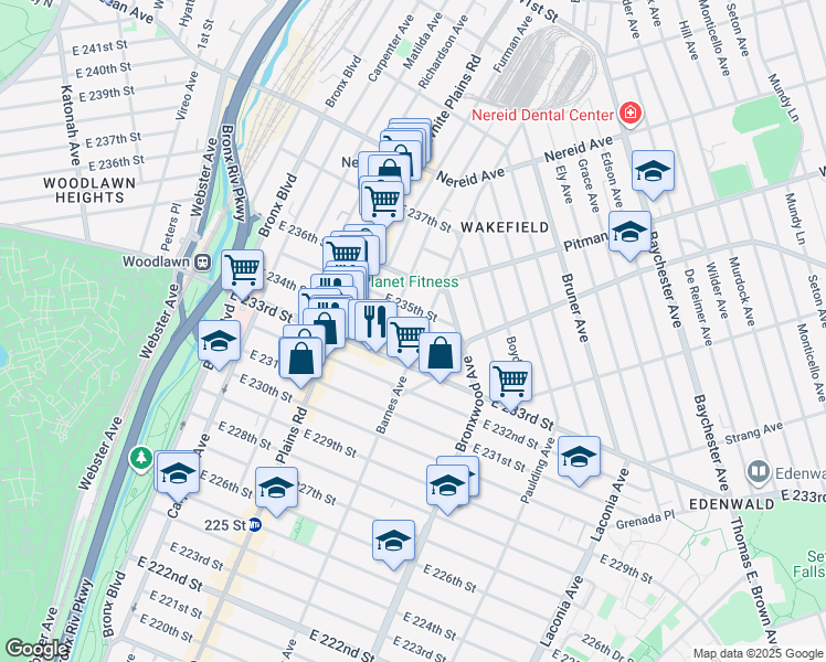 map of restaurants, bars, coffee shops, grocery stores, and more near 4216 Barnes Avenue in Bronx