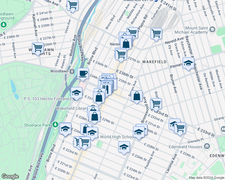 map of restaurants, bars, coffee shops, grocery stores, and more near 708 East 233rd Street in The Bronx