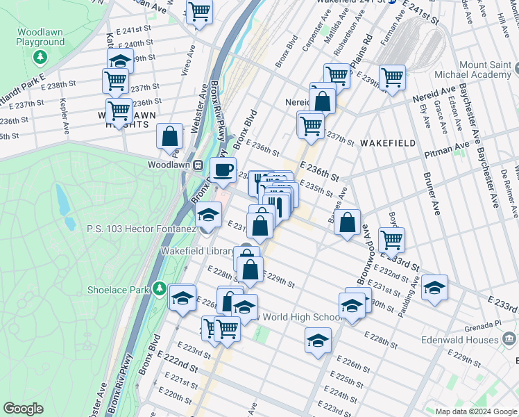 map of restaurants, bars, coffee shops, grocery stores, and more near 678 East 232nd Street in The Bronx