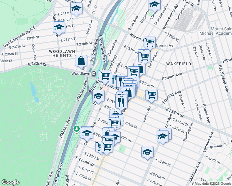 map of restaurants, bars, coffee shops, grocery stores, and more near 645 East 231st Street in Bronx